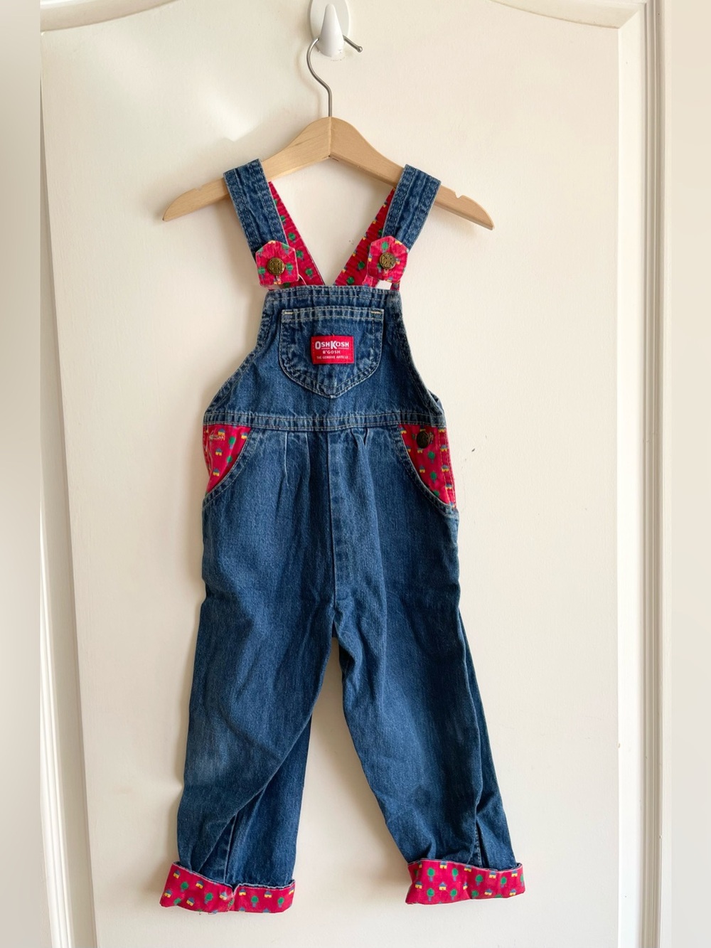 Vtg 1990 Oshkosh Bgosh Denim Overalls Cherry Red House Tree Print 3T Cottagecore